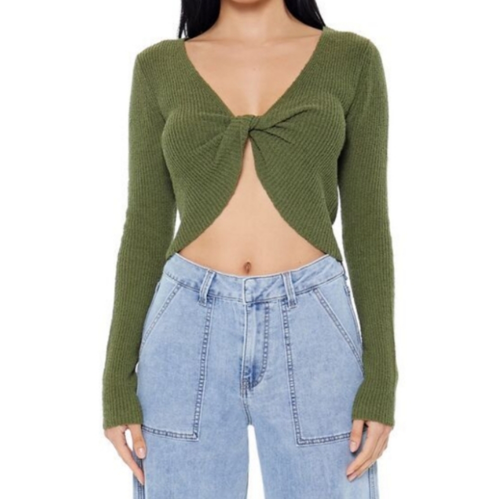 New. Olive Green Twist Front Knit Top